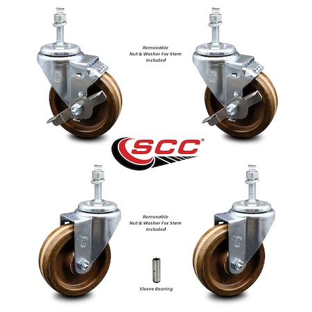 Service Caster 4 Inch High Temp Phenolic Wheel Swivel 10mm Threaded Stem Caster Brake, 2PK SCC-TS20S414-PHSHT-M1015-2-TLB-2